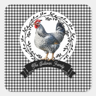 Rustic Land Tupp Chicken BW Gingham Checks Fyrkantigt Klistermärke