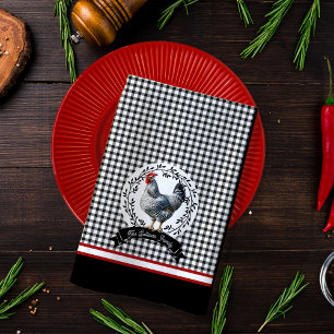 Rustic Land Tupp Chicken BW Gingham Checks Kökshandduk