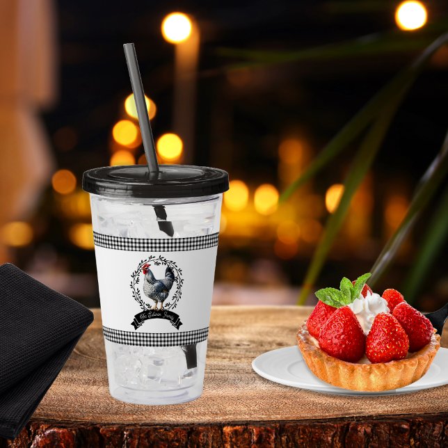 Rustic Land Tupp Chicken BW Gingham Checks Take Away Mugg (Rustic Country Rooster Chicken Black and White Gingham Checks Farm Family Name Acrylic Tumbler)