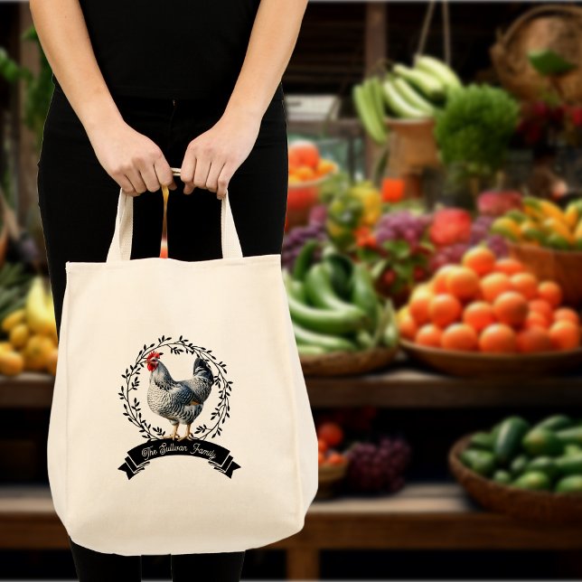 Rustic Land Tupp Chicken Tygkasse (Rustic Country Rooster Chicken Black and White  Farm Family Name Grocery Tote Bag)