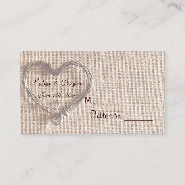 Rustic Land Twine Heart Bröllop PlaceCard Placeringskort (Framsida)