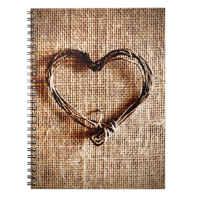 Rustic Land Twine Heart on Burlap Skriv ut Anteckningsbok Med Spiral (Framsidan)