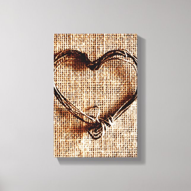 Rustic Land Twine Heart on Burlap Skriv ut Canvastryck (Framsida)