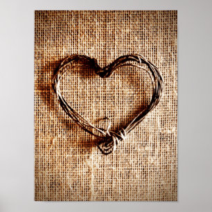 Rustic Land Twine Heart on Burlap Skriv ut Poster