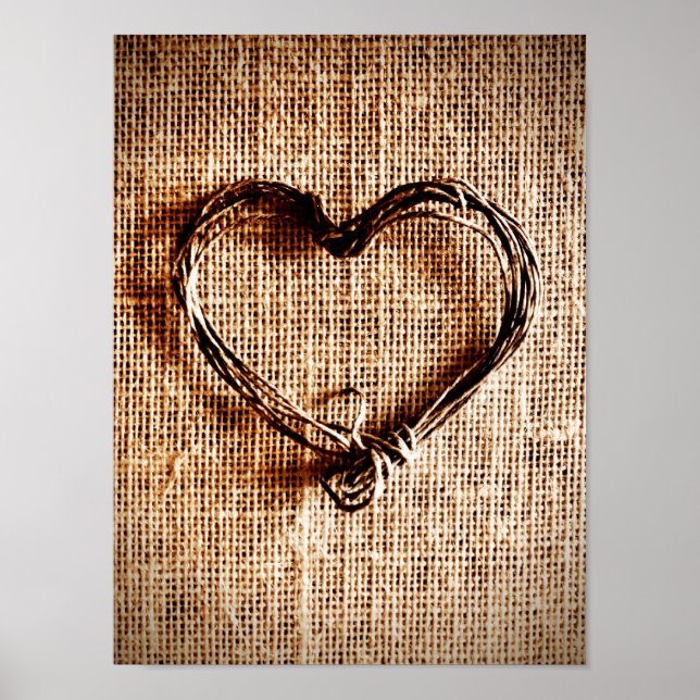 Rustic Land Twine Heart on Burlap Skriv ut Poster (Framsidan)