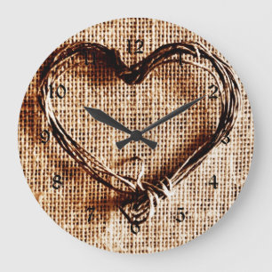 Rustic Land Twine Heart on Burlap Skriv ut Stor Klocka