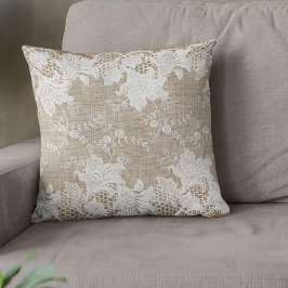 Rustic land vintage beige burlap och vit snöre kudde