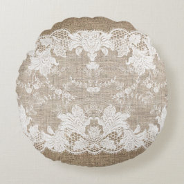 Rustic land vintage beige burlap och vit snöre rund kudde