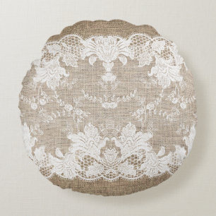 Rustic land vintage beige burlap och vit snöre rund kudde