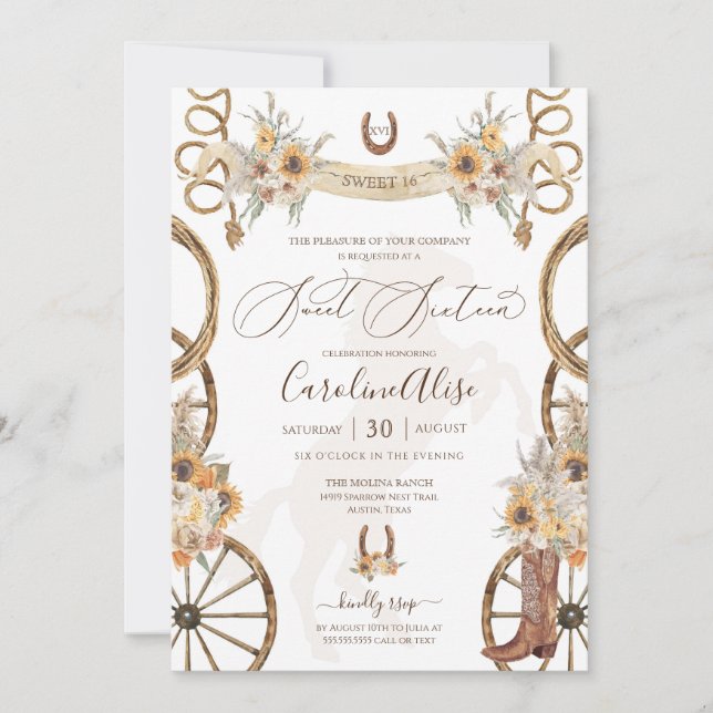 Rustic Land Western Solrosboho Sweet 16 Inbjudningar (Framsida)