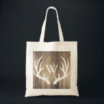 Rustic Land White Antlers & Barn Wood Tygkasse<br><div class="desc">Rustic land white hjort antlers och lada wood planks skriver ut monogram tote bag.</div>