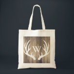 Rustic Land White Antlers & Barn Wood Tygkasse<br><div class="desc">Rustic land white hjort antlers och lada wood planks skriver ut monogram tote bag.</div>