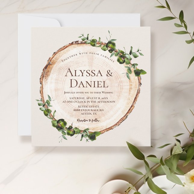 Rustic Land Wood Bark Grönt Botaniska Anpassningsb Inbjudningar (Green leaves on Wood cut slice, rustic wedding invitation)