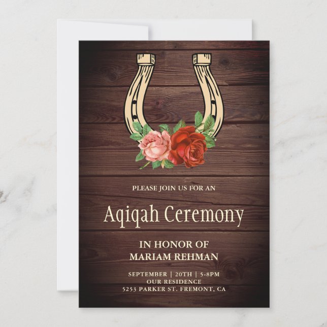 Rustic Land Wood Blommigt Horseshoe Aqiqah Inbjudningar (Framsida)