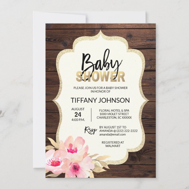 Rustic Land Wood Blommigt Rosa Guld Baby Shower Inbjudningar (Framsida)
