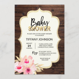 Rustic Land Wood Blommigt Rosa Guld Baby Shower Inbjudningar