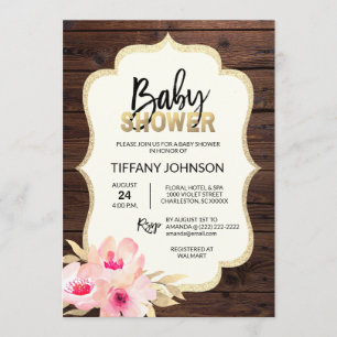 Rustic Land Wood Blommigt Rosa Guld Baby Shower Inbjudningar