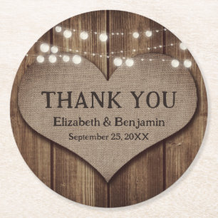 Rustic Land Wood Burlap Heart Bröllop Tack Underlägg Papper Rund