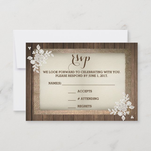 Rustic Land Wood Burlap Snöre Bröllop OSA Card (Framsida)