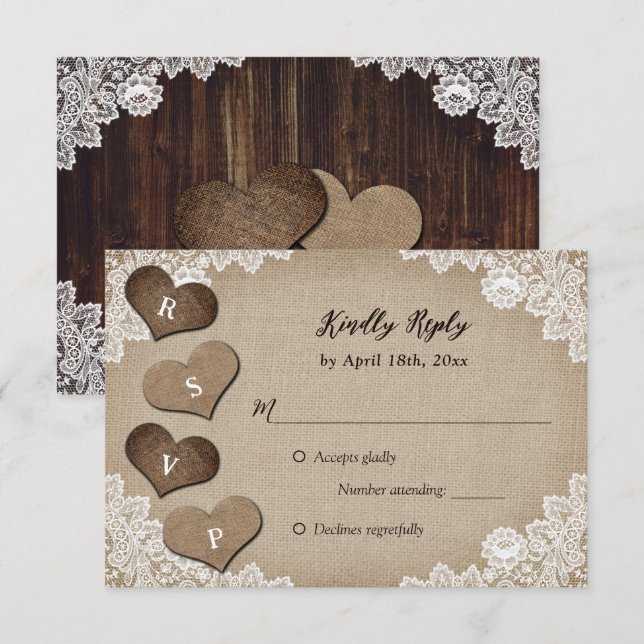 Rustic Land Wood Burlap Snöre Bröllop OSA Kort (Fram/baksida)