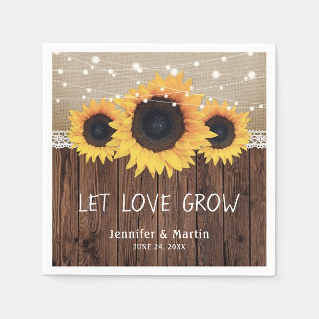 Rustic Land Wood Burlap Snöre Solros Bröllop Pappersservett (Framsidan)