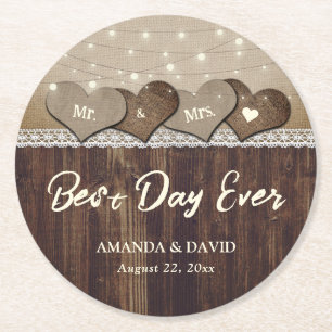 Rustic Land Wood Heart Burlap och Snöre Bröllop Underlägg Papper Rund