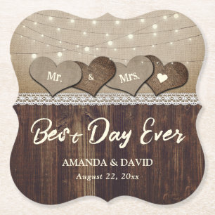 Rustic Land Wood Heart String Ljus Bröllop Underlägg Papper