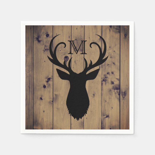 Rustic Land Wood Hjort Head Antlers Monogram Pappersservett (Framsidan)