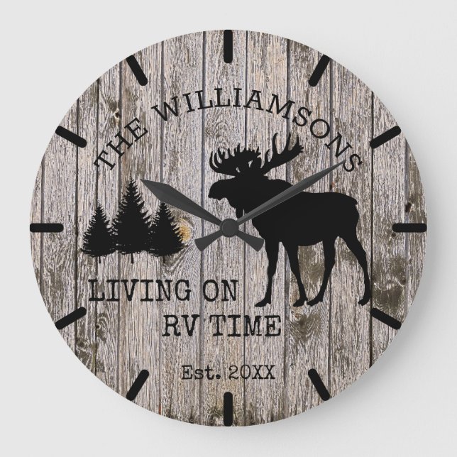 Rustic Land Wood Living on RV Time Moose Clock Stor Klocka (Framsida)