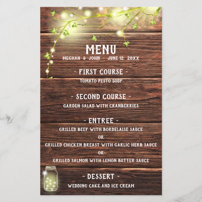 Rustic Land Wood Mason Burk Ljus Bröllop Menu (Framsida)