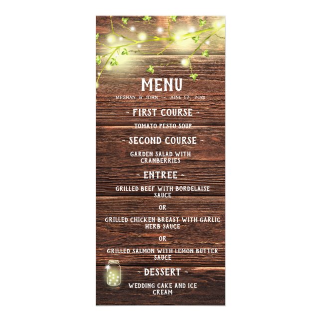 Rustic Land Wood Mason Burk Ljus Bröllop Menu Reklamkort (Framsidan)