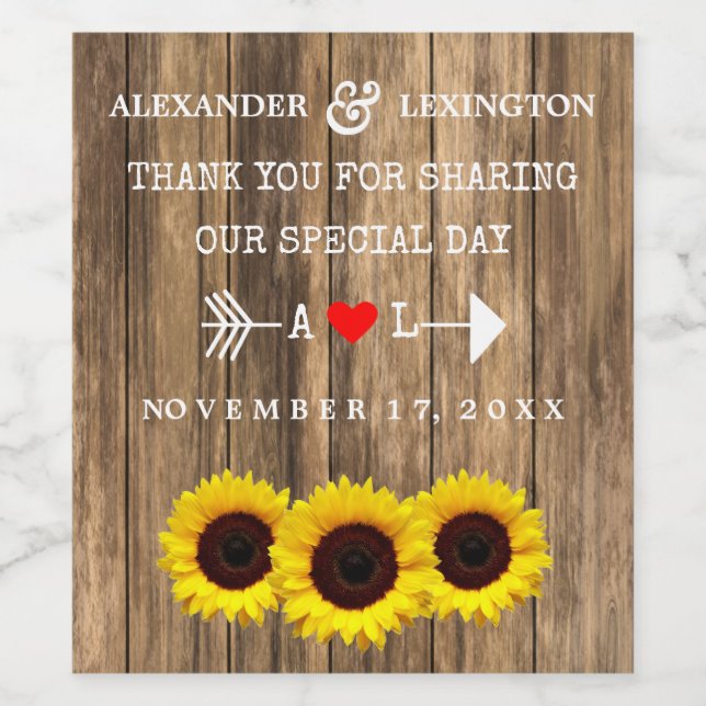 Rustic Land Wood med solblommor Bröllop Vin Vinflaska Etikett (Singel etikett)