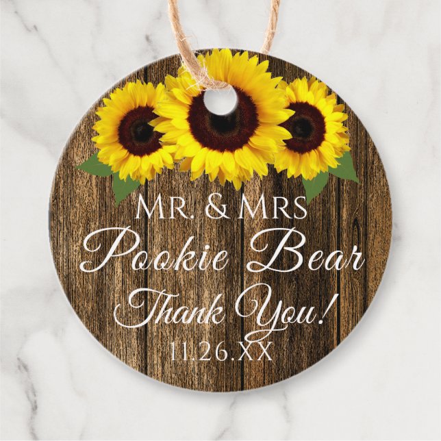 Rustic Land Wood och Sunblommor Bröllop Guest Gåvor Etiketter (Framsida)
