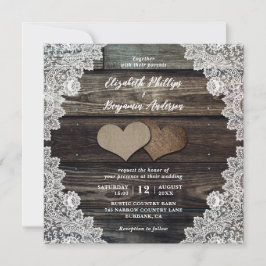 Rustic Land Wood Snöre Burlap Hearts Bröllop Inbjudningar