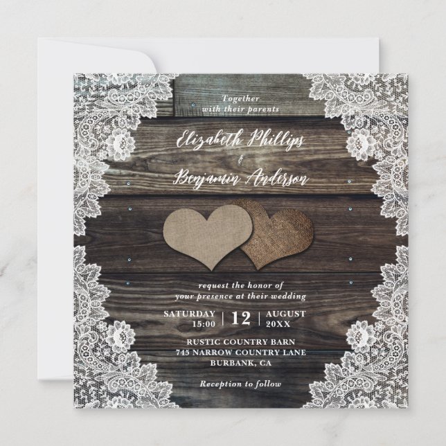 Rustic Land Wood Snöre Burlap Hearts Bröllop Inbjudningar (Framsida)