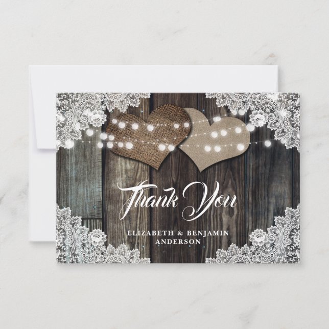 Rustic Land Wood Snöre Burlap Hearts Bröllop Tack Kort (Framsida)