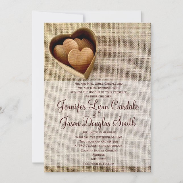 Rustic Land Wooden Hearts Burlap Bröllopsinbjudan Inbjudningar (Framsida)