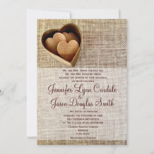 Rustic Land Wooden Hearts Burlap Bröllopsinbjudan Inbjudningar
