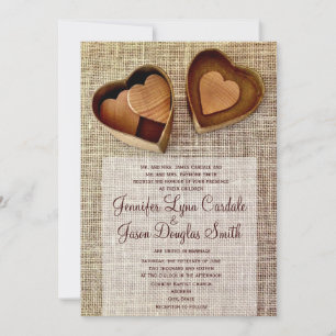 Rustic Land Wooden Hearts Burlap Bröllopsinbjudan Inbjudningar