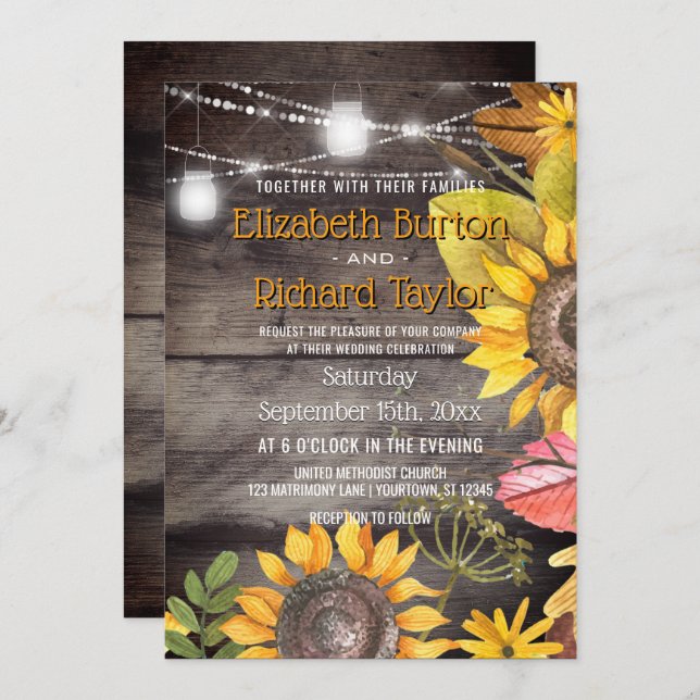 Rustic Landsbyggsbröllop Mason Burk Ljus Solros Inbjudningar (Fram/baksida)