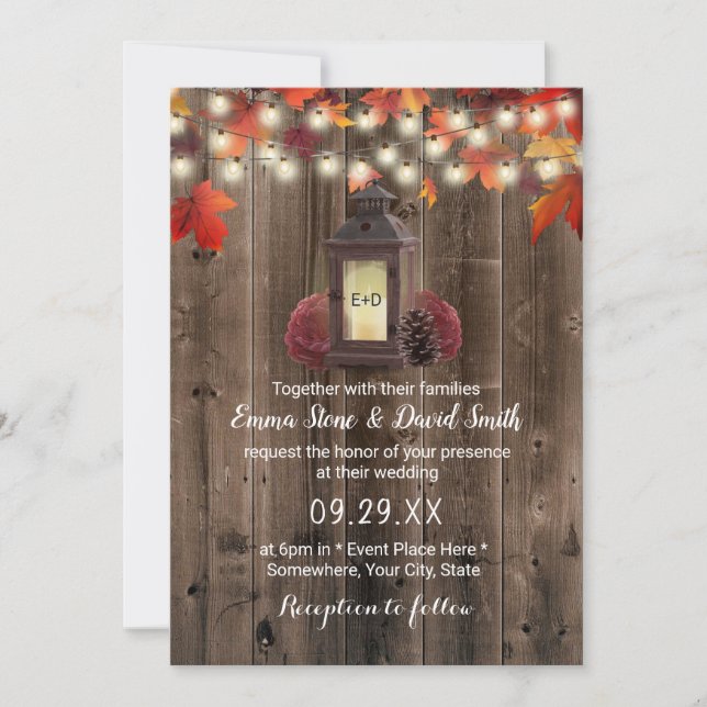 Rustic Lantern & Flowers Barn Wood Fall Wedding Inbjudningar (Framsida)