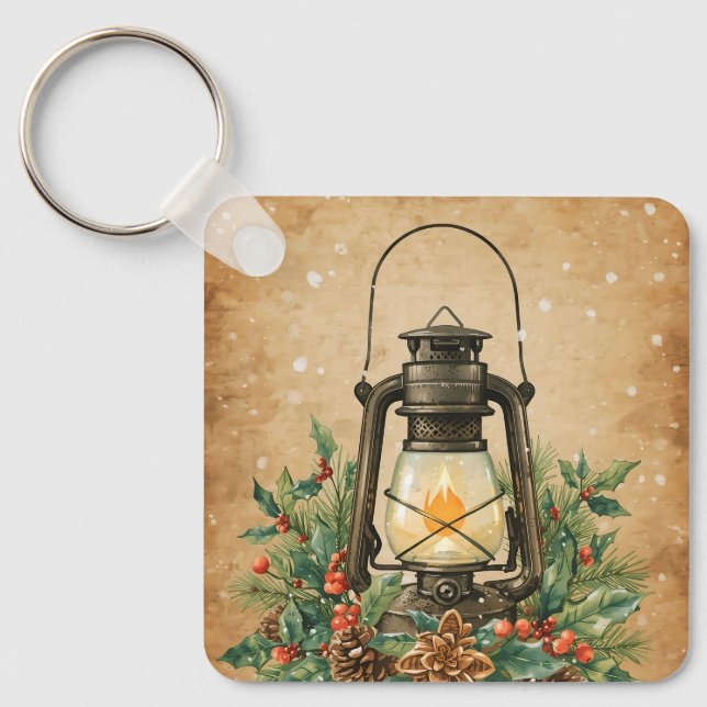 Rustic lantern holly pine festive winter christmas nyckelring (Framsida)