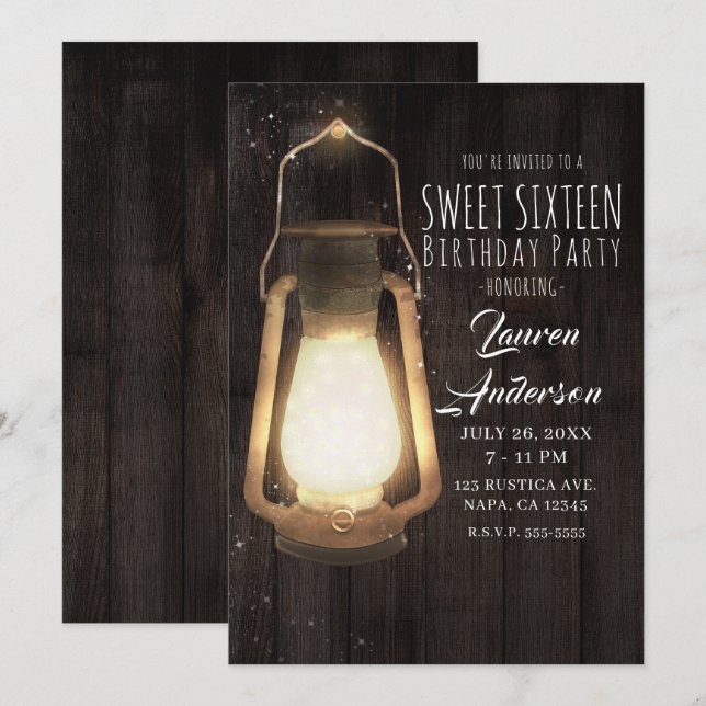 Rustic Lantern Ljus Barn Wood Sweet 16 Party Inbjudningar (Fram/baksida)