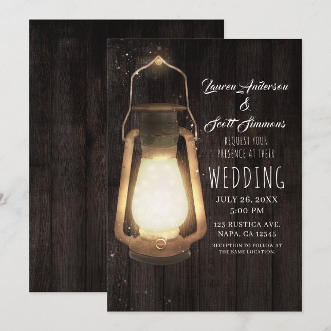 Rustic Lantern Ljus Brown Barn Wood Bröllop Inbjudningar (Fram/baksida)