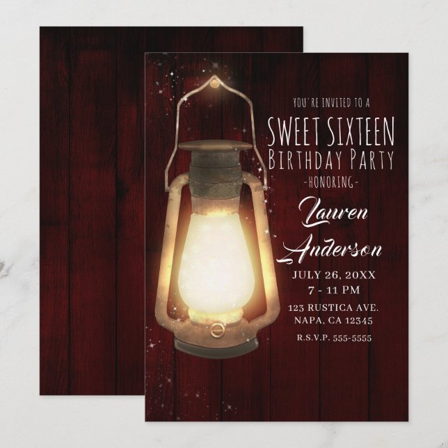 Rustic Lantern Ljus Cherry Wood Sweet 16 Party Inbjudningar (Fram/baksida)