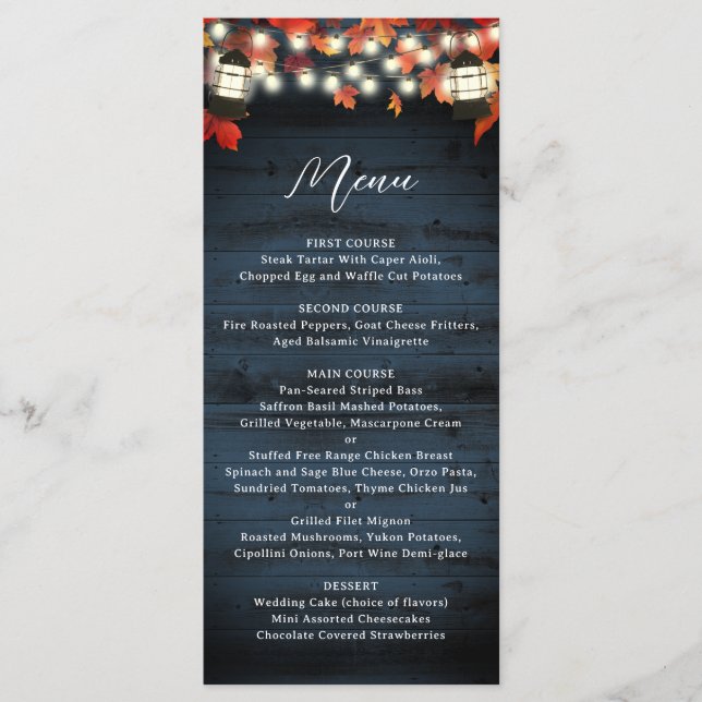 Rustic Lantern Navy Barn Wood Fall Wedding Menu Meny (Framsida)