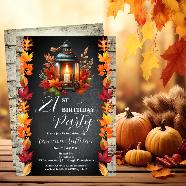 Rustic Lantern och Löv faller 21:a födelsedagen Pa Inbjudningar (Candlelit Lantern and Fall | Autumn Leaves 21st Birthday Party Celebration Invitation)