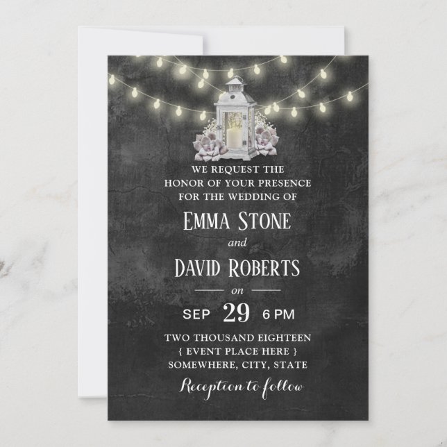 Rustic Lantern & String Ljus Chalkbaord Bröllop Inbjudningar (Framsida)