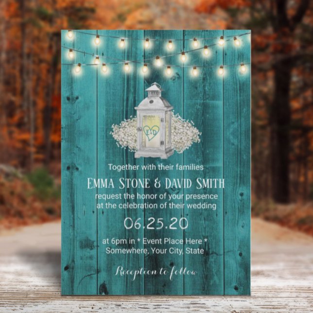 Rustic Lantern & String Ljus Teal Barn Bröllop Inbjudningar (Skapare uppladdad)