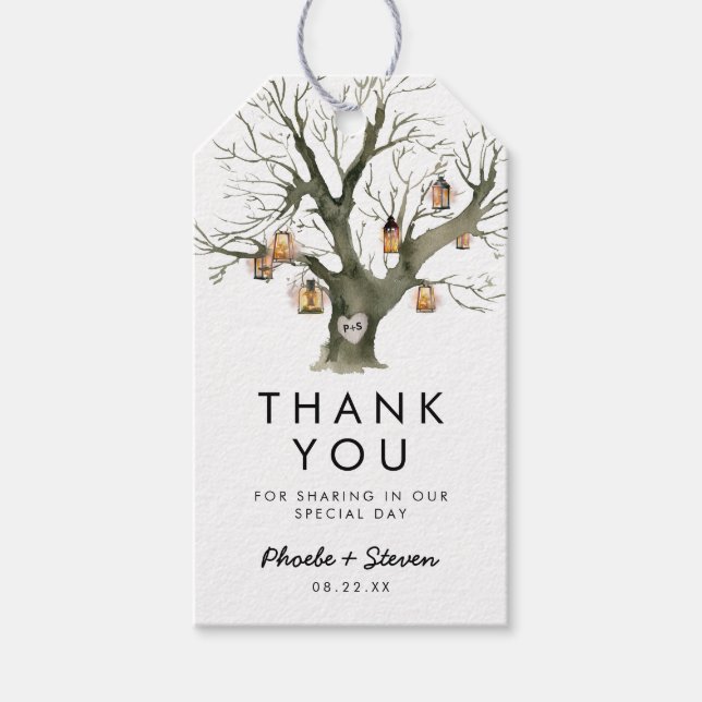 Rustic Lanternor Oak Träd Wedding Favor Tack Presentetikett (Framsidan)